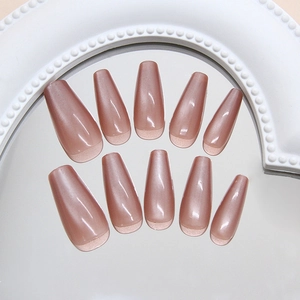 Handmade Press On Nails Coffin Shape Cat Eye Effect Glossy ABS Material Fashionable Elegant Plum Brown False Nails