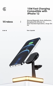 Macro view of 15W magnetic wireless charging base with iPhone 12 snap-on attachment