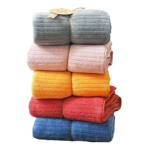 Five-pack set of thickened coral fleece towels with absorbent striped texture in vibrant colors