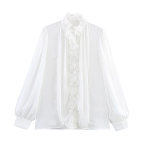 Elegante Damen Bluse Weiß Polyester Lange Laternenärmel 3D Blumen Artificial Pearl Akzente Plissee Vintage Oberteil