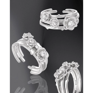 S925 Sterling silver multi-layer line ring with rose flowers and zircon stones