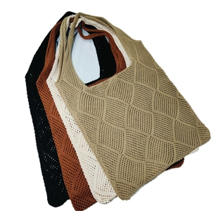 Hollow knit tote bags in black, caramel, cream, and khaki with diamond weave pattern