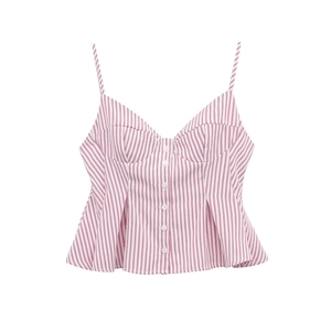 Detail of red and white striped camisole top featuring v-neck and peplum ruffle hem