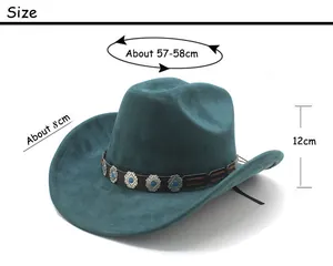 Size chart for teal cowboy hat showing 58cm circumference, 8cm brim, and 12cm height