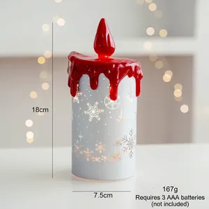 Detail showing an 18cm LED Christmas candle with snowflake patterns and size dimensions