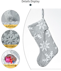 Detail display of grey plush Christmas stocking with white snowflake and soft villus texture