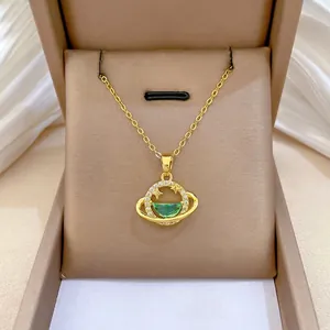 Celestial Planet Pendant Necklace With Green Zircon Stainless Steel Chain Copper Rhinestone Jewelry For Women