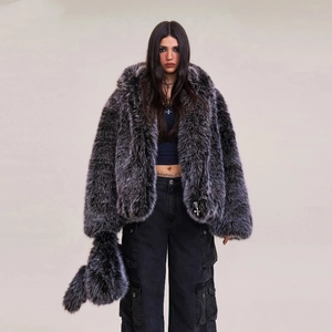 Faux fur hooded jacket in charcoal grey with cross pendant and oversized fit for street style
