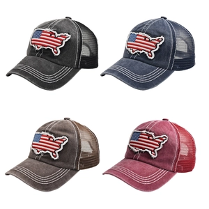 Distressed American flag patch trucker hats in four colors with mesh back and cotton finish