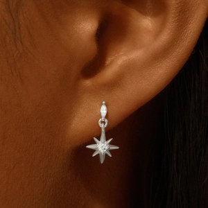 Close-up of s925 sterling silver octagram stud earring with zircon inlay on model's ear