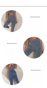 Detail view of high-waist acid wash yoga pants with peach butt lift and seamless design