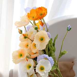 Realistic artificial corn poppy bouquet in orange, white and blue for home decoration