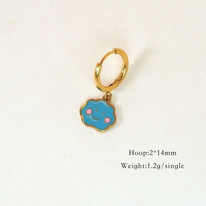 Detail of colorful smiley cloud pendant on a 14mm golden stainless steel hoop earring