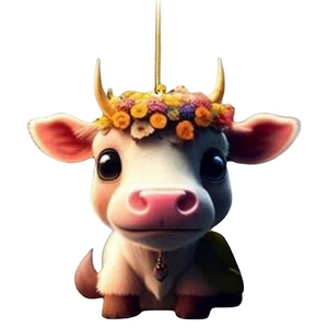Cute cartoon cow car hanging ornament with floral wreath and golden string