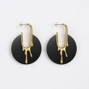 Retro Western Style Stainless Steel Lava Fluid Geometric Round Stud Earrings For Women Creative Personality Gold Plated Acrylic Jewelry