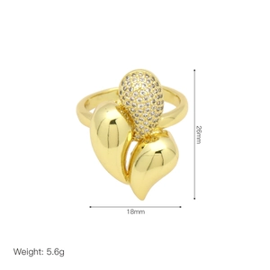 Detailed view of gold-plated open heart ring with white cubic zirconia inlay and dimensions