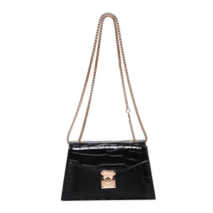 French style black crocodile texture shoulder bag with gold chain and metal buckle