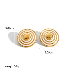 18K gold plated heart stud earrings with white enamel rings and concentric design
