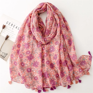 Floral Print Scarf Shawl Polyester Voile Lightweight Sun Protection Beach Travel Pashmina With Tassels For Women