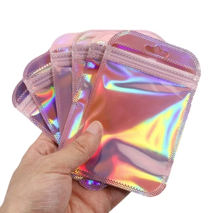 Holographic laser resealable bags in rainbow pink with top hanging hole for jewelry