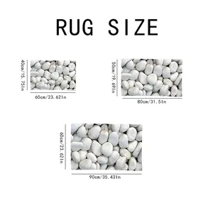 Size chart showing 40x60cm, 50x80cm, and 60x90cm dimensions for pebble bath mats