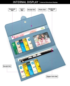 Internal display of long PU leather wallet with multiple card slots and zipper pocket