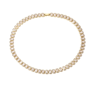 Close-up of gold necklace featuring rectangular pink zircon stones in a professional layout