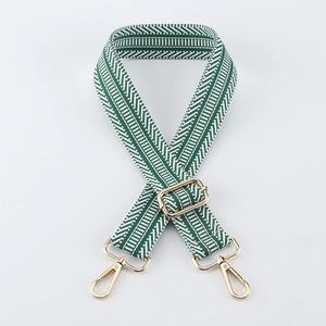 Adjustable green and white striped canvas bag strap with gold metal lobster clasps