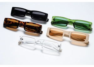 Close-up of rectangular sunglasses showing metal hinges and various frame color options