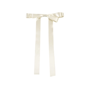 Elegant cream satin bow hair clip with long ribbons on a white background