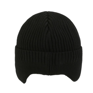 Winter thermal black knitted earflap hat with thick fleece lining for cold weather