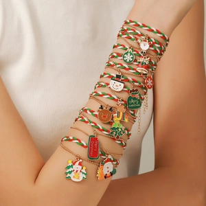 Handwoven Christmas charm bracelet set with Santa, reindeer and snowman pendants