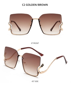 Detail of rimless gradient brown sunglasses with gold snake metal temples and UV400 logo