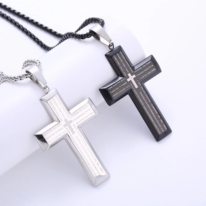 Black and silver stainless steel cross necklace with laser engraved Spanish Lord's Prayer