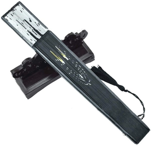 Japanese folding fan with cartoon cat pattern, black tassel and wooden base stand
