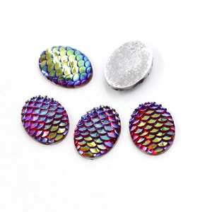 Macro detail of 13x18mm teardrop AB rainbow scale resin patches with flat silver backings