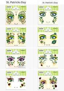 Set of 8 St. Patrick's Day face gems with green clover and golden butterfly designs