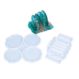 DIY resin coaster mold set with four-cavity wavy round design and a matching stand