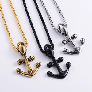 Retro titanium steel skull anchor pendant for men in gold, black and silver finishes
