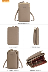 Multi-angle views showing khaki pebbled leather phone bag with internal card slots