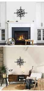 Detail of metal compass wall art shown in modern and vintage interior decor settings