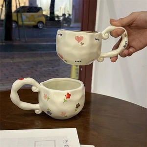 French retro irregular ceramic coffee mugs with heart pattern and floral design