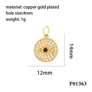 Detailed specs of a 14mm micro-pave zircon evil eye pendant in 18K gold-plated copper