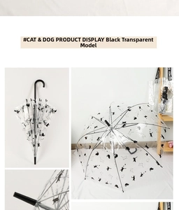 Detail of transparent long handle umbrella with cute black cat pattern and black metal ribs