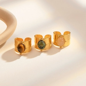 Vintage gold adjustable rings set with tiger eye and moss agate stones for women