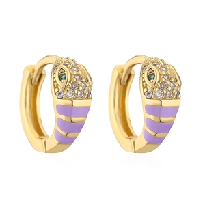 Detail of 18K gold plated snake hoop earrings with purple enamel and green zircon eyes