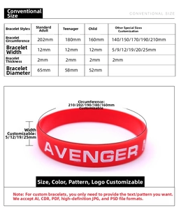 Size chart for custom silicone wristbands showing circumference and width specifications