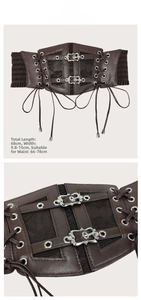 Détail macro de ceinture corset marron vintage avec laçage et panneau en similicuir