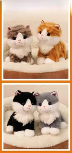 Detail of four realistic sitting kitten plushies in various colors on orange background