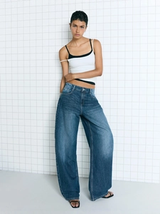 Women's high waist wide leg jeans in dark blue wash, vintage street style loose denim pants